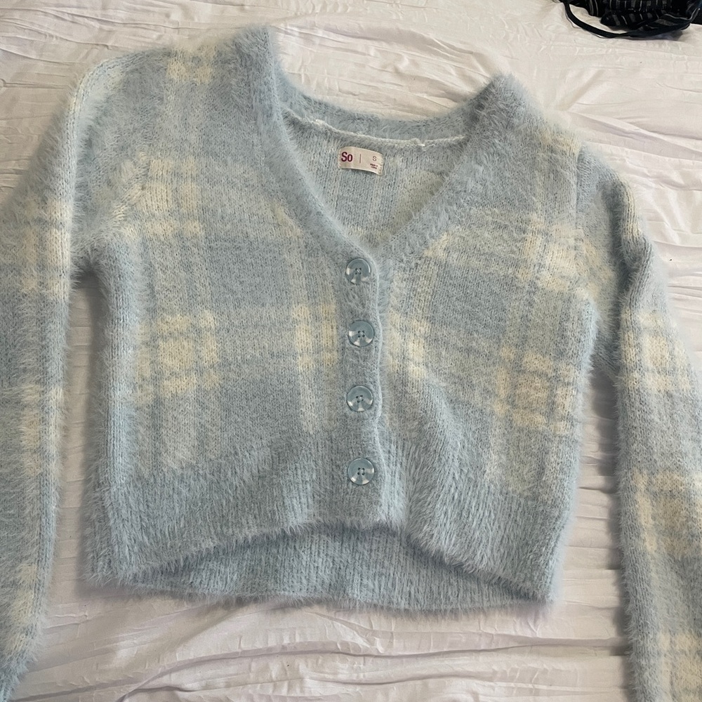 SO Plaid Blue and White sweater